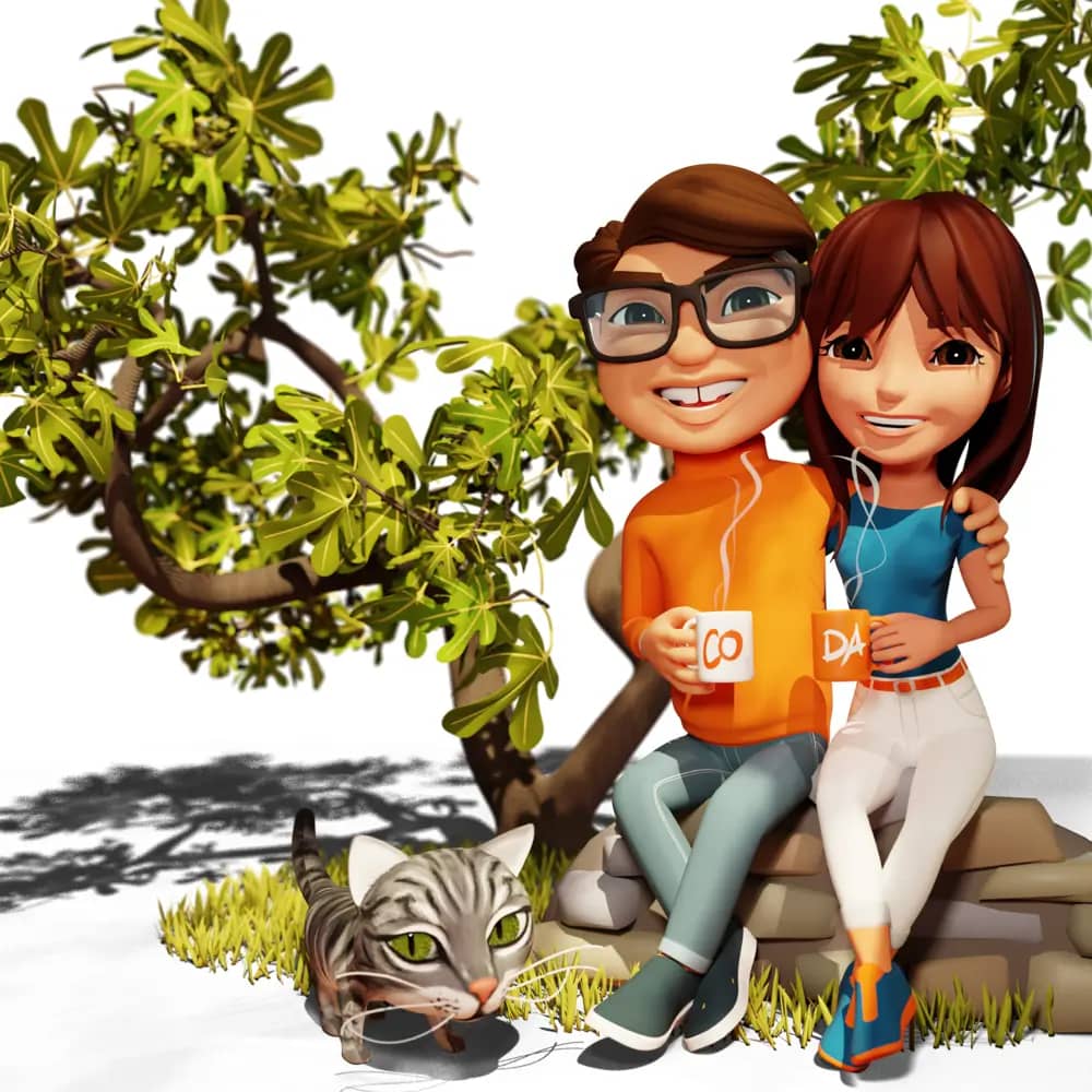 L'image montre les avatars 3D de David et Corinne, devant un figuier, avec leur chat Grogri