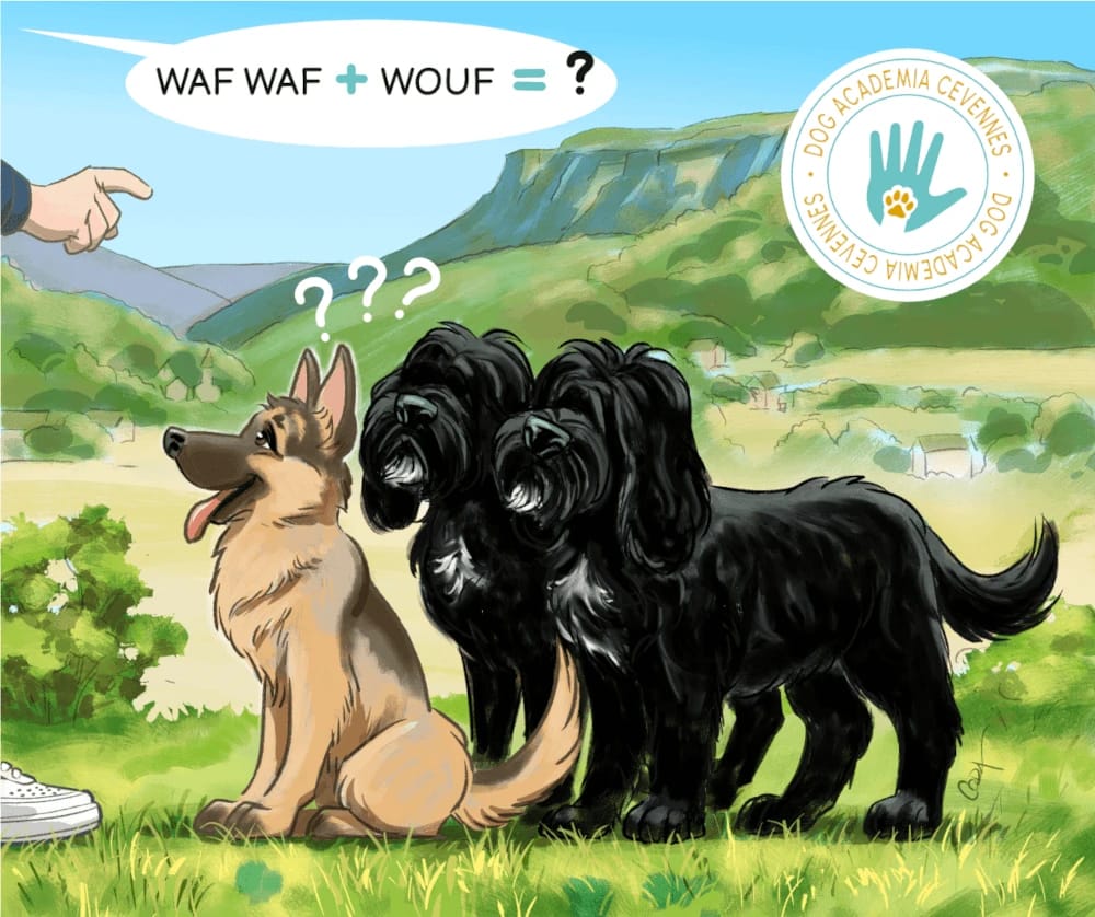 Illustration pour l'entreprise Dog Academia Cévennes. Dans un style BD, on y voit 3 chiens attentifs à la main de leur éducatrice, qui apprennent à compter. Dialogue : "Waf-waf + wouf =?"