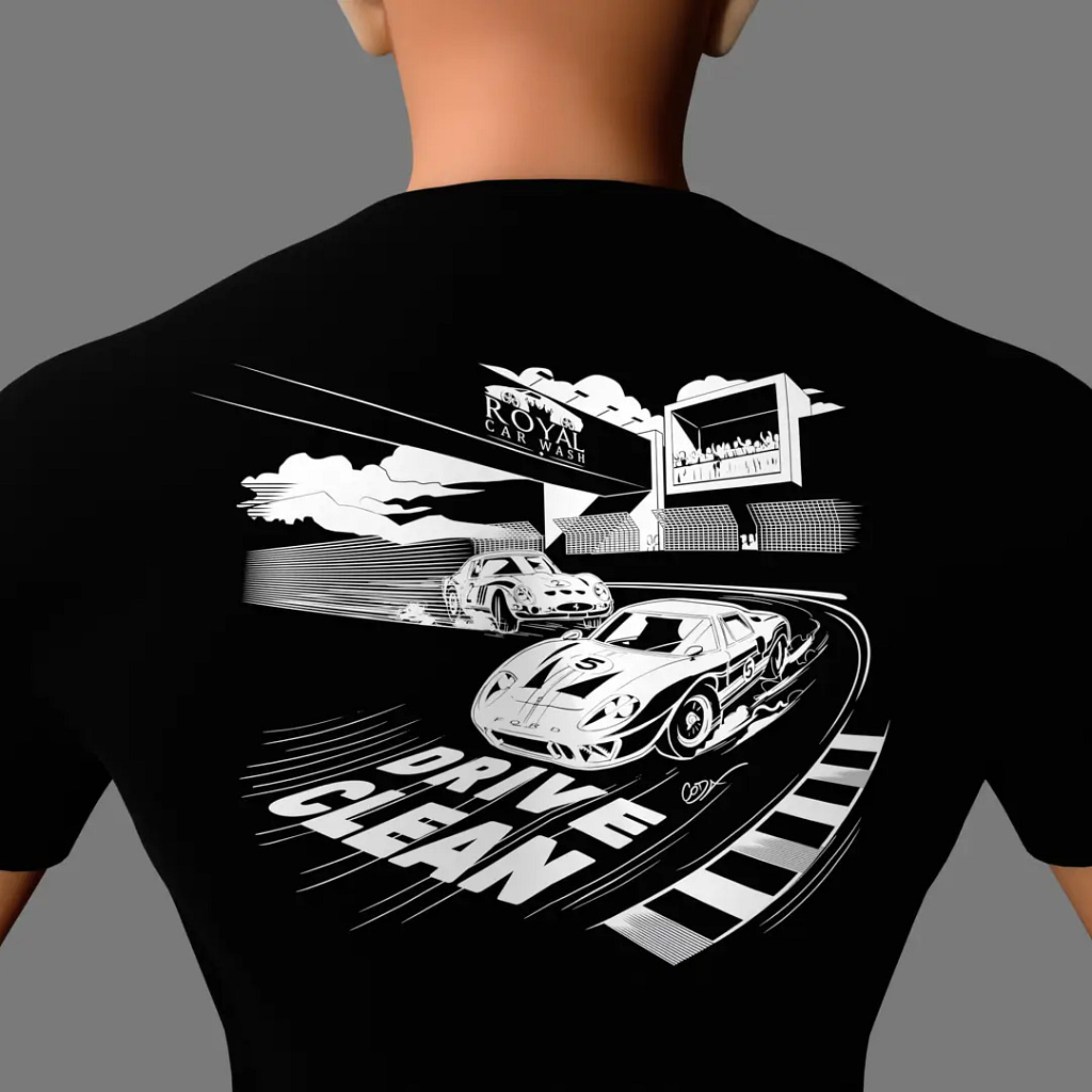 Sur le dos d'un t-shirt noir, on voit l'image en blanc d'une course automobile sur circuit : une Ford GT 40 poursuivie par une Ferrari 250 GTO. En haut de l'image, on aperçoit, sur une passerelle, le logo de Royal Car Wash.