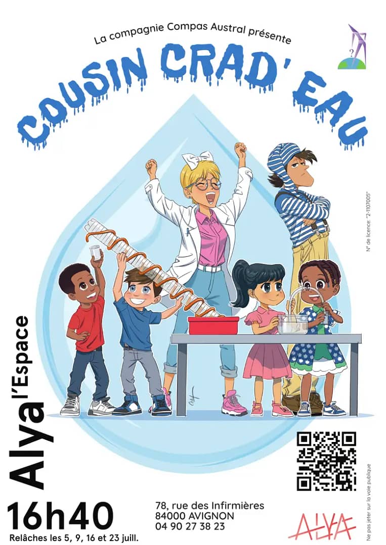 culture 1 Affiche pour le spectacle pédagogique "Cousin Crad'eau". Cette pièce de théâtre scientifique et humoristique pour les enfants de 4 à 11 ans a été créée par la Compagnie Compas Austral.